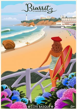 Affiche Clavé "Biarritz, la grande plage" 50 x 70