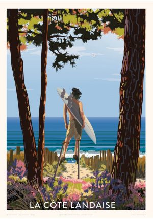 Affiche Fricker "Côte landaise, le berger surfeur" 50 x 70