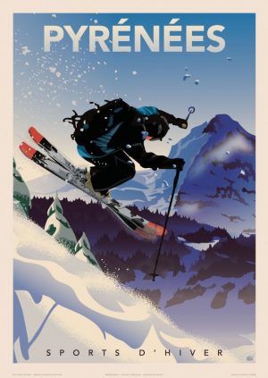 Affiche Fricker " Pyrénées - Ski" 30 x 40